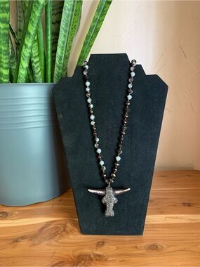 Beaded Long Necklace with Pave Bull Skull Pendant - Black & White